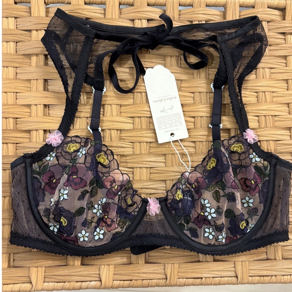 For Love & Lemons Black Floral Embroidered Dot Mesh Harness Bra 34C NWT